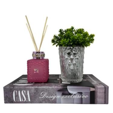 Imagem de Livro Decorativo Casa + Vaso Prata De Vidro + Difusor Rosa