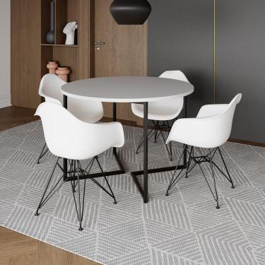 Imagem de Mesa Industrial Jantar Redonda 110cm Branca Base V com 4 Poltronas Brancas Eames Daw Ferro Preto