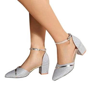 Imagem de Sandália feminina baixa média salto quadrado tira no tornozelo escritório feminina bico fino sapatos salto grosso sapatos femininos sandálias (prata, 37)
