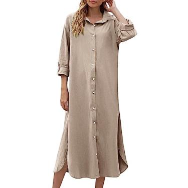 Imagem de Vestido feminino de algodão e linho, casual, solto, cor sólida, vestidos preppy, Caqui, M