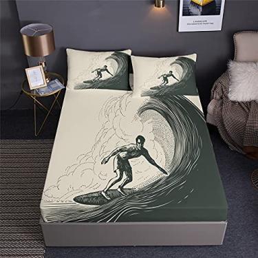Imagem de Jogo de cama de praia com decoração de surfe de verão em um saco, 7 peças, conjunto de cama de surfe, incluindo 1 lençol com elástico + 1 edredom + 4 fronhas + 1 lençol de cima (A, cama queen em uma