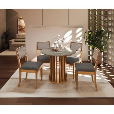 Imagem de Conjunto de Mesa de Jantar Redonda com Tampo de Vidro Fumê e 4 Cadeiras Premium Veludo Cinza e Carvalho