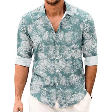 Imagem de COOFANDY Camisa masculina casual com botões e manga comprida de cambraia de linho, Folhas verde-claras, P