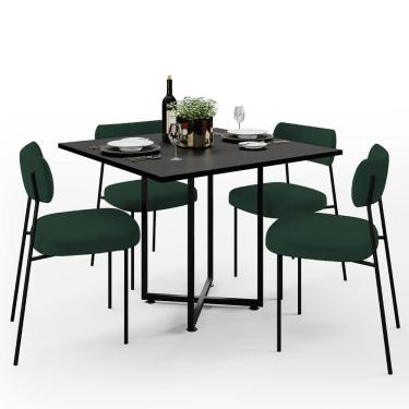 Imagem de Mesa de Jantar Rivera Preto 90cm com 04 Cadeiras Industrial Melina F01 Bouclê Verde - Lyam