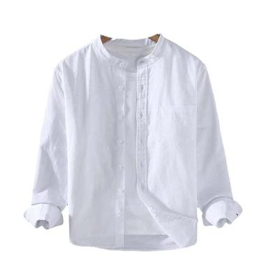 Imagem de Camisa masculina japonesa de algodão de linho fina, estilo Harajuku, gola alta, manga comprida, blusa casual respirável, Branco, XG