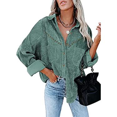 Imagem de F6QUM Blusas femininas de veludo cotelê com botões, camisas grandes, confortáveis, de manga comprida, com bolso, Verde, G