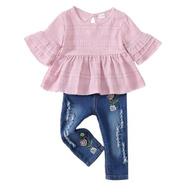 Imagem de NZRVAWS Roupas para bebês meninas roupas infantis jeans rasgado jeans plissado floral leopardo camisa conjunto calça menina 0-4T, Rosa puro, 3-4 Anos