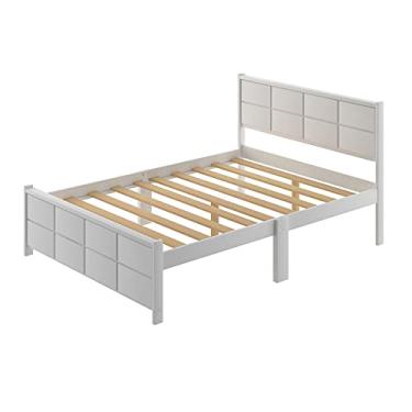 Imagem de Estrutura de cama plataforma com cabeceira e pé, suporte de ripas de madeira para base de colchão, sem necessidade de molas de caixa, solteiro/casal/queen (branco completo)