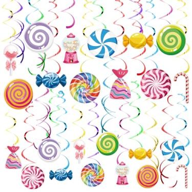 Imagem de 54 peças decorações de festa Candyland redemoinhos para pendurar doces pirulitos coloridos redemoinhos para pendurar no teto para chá de bebê, festa de aniversário, loja de doces