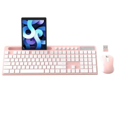 Imagem de Combo de teclado e mouse sem fio, teclado ergonômico de computador sem fio MARVO 2.4G com suporte de telefone tablet, mouse silencioso com 6 botões, compatível com MacBook, Windows (rosa)