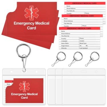 Imagem de Pacote com 4 chaveiros de alerta médico de emergência, cartão de identificação médica, carteira de cartão de contato de emergência com suporte de crachá resselável para cuidadores (chaveiro vermelho)