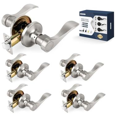 Imagem de LOQRON Maçaneta de porta estilo onda, puxador de porta de passagem, pacote com 5 alavancas internas sem chave reversíveis para canhoto/direita para corredor e armário com acabamento de níquel acetinado