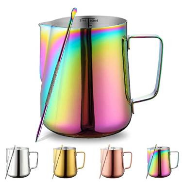 Imagem de Kyraton Leite Espumante Pitcher 595 g - 620 ml, Aço Inoxidável Arco-íris com Caneta Decorativa para Arte de Latte