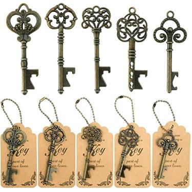 Imagem de WODEGIFT Abridor de garrafa de 50 peças, lembrancinhas de casamento, chaveiro de esqueleto vintage, abridor de garrafa com cartões de acompanhante e chaveiros, presentes de casamento para convidados (bronze, 5 estilos)
