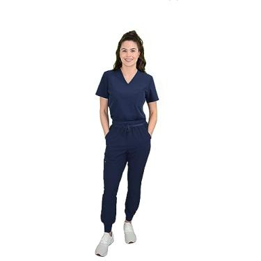 Imagem de Green Town Blusa feminina com gola V e calça de ioga slim fit jogger conjunto médico GT 4FLEX blusa e calça, Azul-marinho, Small Petite