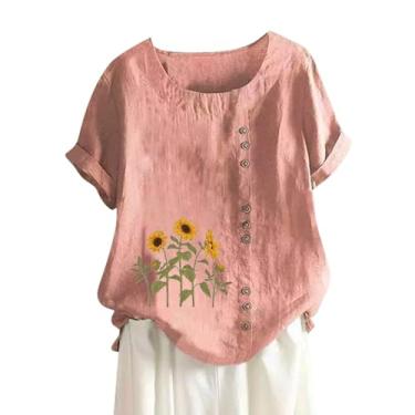 Imagem de Camiseta feminina de algodão e linho, caimento solto, casual, estampa floral, girassol, manga curta, abotoada, colete feminino, rosa, M