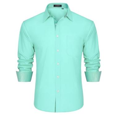 Imagem de HISDERN Camisa social masculina de manga comprida, casual, com botões, gola interna, contrastante, para homens e casamentos, Verde menta, 4G