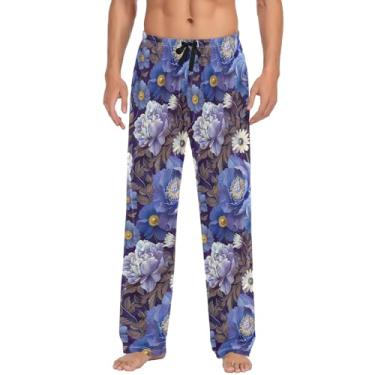 Imagem de Calça de pijama masculina para dormir, calça de pijama masculina para pai, irmão, marido, namorado, Peônias azuis e roxas, G