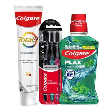 Imagem de Kit 3 Escovas Colgate Slim Soft Black + Creme Dental Clean Mint 180g + Enxaguante Bucal Fresh Mint 500ml