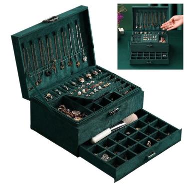 Imagem de Porta Joia Luxo Colar Brinco Anel Relogio Bijuteria Chave Caixa Triplo Compartimento Acessorios Organizaçao Gaveta Penteadeira Acolchoado