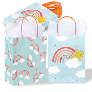 Imagem de Pacote com 36 sacos de presente temáticos médios arco-íris e cupons de 25 cm com alças e papel de seda branco para chás de bebê Bloy ou menina, lembrancinhas de festa de aniversário infantil, 25 x 20