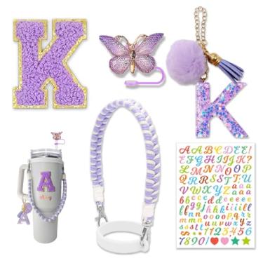 Imagem de Conjunto de acessórios de copo para Stanley Cup 850.5 g 1,134 g, garrafa de água, alça de copo com alça de letras, adesivos e cobertura de palha de borboleta (roxo K)