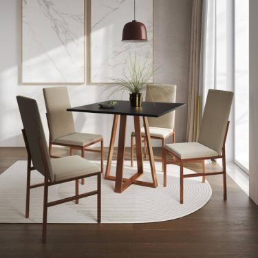 Imagem de Conjunto de Jantar Mesa Mônaco Premium 90cm Preta com 4 Cadeiras Estofadas Bege Base Cobre