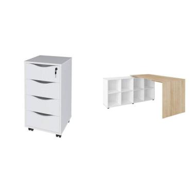 Imagem de Kit 2 Peças com Escrivaninha Nero em L com 8 Nichos e Gaveteiro Bit 4 Gavetas Carvalho/Branco
