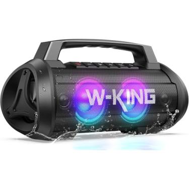 Imagem de W-KING Alto-falante Bluetooth de 70 W, IPX6 à prova d'água, portátil, luzes coloridas, alto-falante Bluetooth alto com graves ricos com carregador portátil, alto-falantes sem fio para uso ao ar livre com compartimento para microfone
