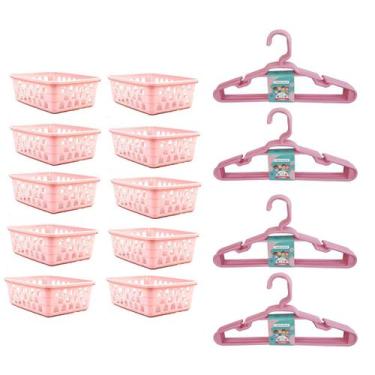 Imagem de Kit 10 Cestos Organizador Pequeno Rosa + 20 Cabides Infantil - 123 Org