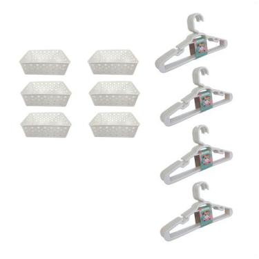 Imagem de Kit 6 Cestos e 20 Cabides Infantis Organizadores Branco - 123 Organize