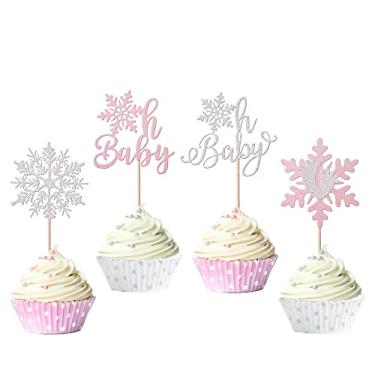Imagem de 24 Pack Snowflake Cupcake Toppers Glitter Winter Oh Baby Cupcake Picks Winter Frozen Cake Decorations Snowflake Christmas Baby Shower Kids Birthday Party Supplies Pink