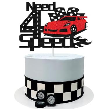Imagem de ShuanQ Need Four Speed Cake Topper - Racing Theme 4th Birthday Party Decoration - Race Car Sign Birthday Party Cake Pick for Four Years Old Boys Girls