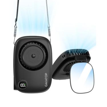 Imagem de Gaiatop Mini ventilador de pescoço, recarregável para uso na mesa, visor de energia de LED, espelho de rotação de 360° para maquiagem de cílios, design de câmera fofo, ventiladores USB portáteis