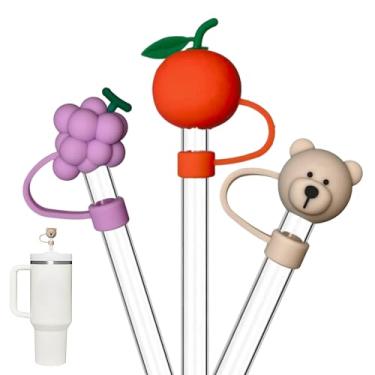 Imagem de 3 peças de capas de palha para copo Stanley, topo de palha de 10 mm, tampa fofa de palha, pontas de palha de silicone laranja, topos de palha de uva, bonés de palha Bear Stanley para acessórios de