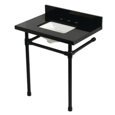 Imagem de Kingston Brass KVPK30K8SQ0ST Dreyfuss Pia de console de granito preto de 76 cm com pernas de aço inoxidável, granito preto/preto fosco