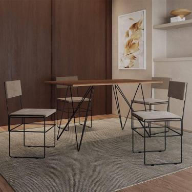 Imagem de Mesa Jantar Industrial Trama 1,40x0,80m Amêndoa Com 4 Cadeiras Estofadas Vitória Bege E Preta Marrom