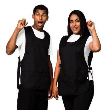 Imagem de Kit 3 Avental Bata Com 2 Bolsos Oxford Liso Preto Frente e Costa LojaL