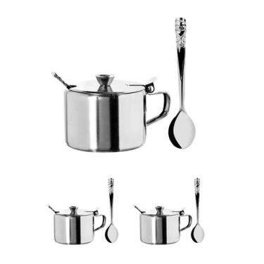 Imagem de 2 Açucareiro Inox luxo Com Colher restaurante hotel c/ tampa - Clink