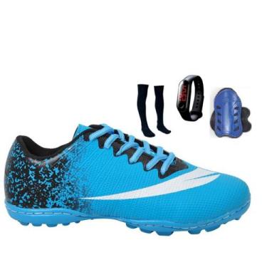 Imagem de Chuteira Society Adulto Infantil com Meião Caneleira e Relogio New - P