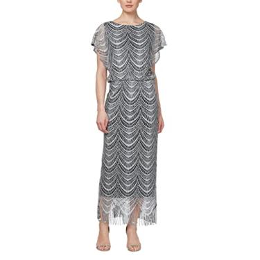 Imagem de S.L. Fashions Vestido feminino de crochê metálico com bainha de franja, Prata, 50