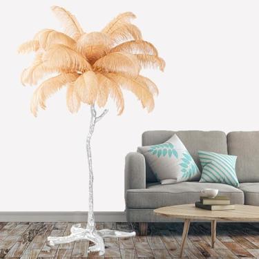 Imagem de Lâmpada de pé moderna, luz de proteção ocular regulável com abajur de penas, corpo e pedal prateados de resina, lâmpada de leitura de penas de chão