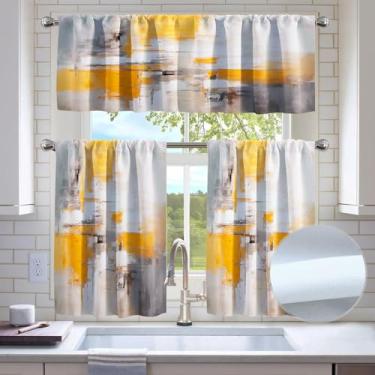 Imagem de KINUUIS Conjunto de cortinas e saia blackout amarelo-marrom para janela de cozinha, conjunto de cortinas de janela de 91 cm com bolso de haste, conjunto de cortinas de arte abstrata para janelas
