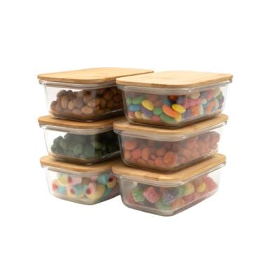 Imagem de kit 6 potes de vidro 600ml com tampa de bambu hermético retangulares - Tud
