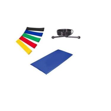 Imagem de Kit Colchonete Azul + 5 Mini Band Elástico para Exercícios + Corda de 