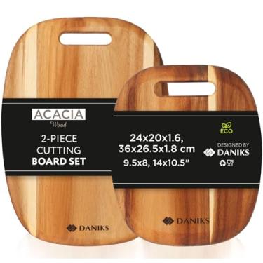 Imagem de Daniks Conjunto de 2 tábuas de corte de madeira acácia para cozinha | 24 x 20 cm, 35 x 25 cm | Bandeja de servir tábua de madeira | Tábua de charcutaria | Tábuas de cortar pão, carne, frutas, queijo |