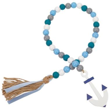 Imagem de CRASPIRE Guirlanda de madeira azul, contas de madeira, fios de verão, mar, oceano, navio, fazenda, contas rústicas, pingente de pendurar com borla de corda de juta para bandeja em camadas, decoração