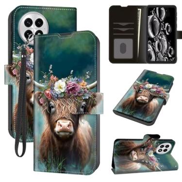 Imagem de ACWDMKH Capa para OnePlus 13, One Plus 13 com suporte para cartão, suporte e alça de pulso, carteira flip de couro magnético, capa protetora à prova de choque para OnePlus 13, linda vaca Highland