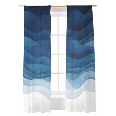 Imagem de Cortinas semitransparentes de 213 cm de comprimento, arte abstrata, azul marinho, gradiente, ondas, oceano, tratamentos, cortinas, filtro de luz, varão com bolso para sala de estar, quarto, 2 painéis