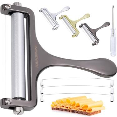 Imagem de Rainspire Cortador de queijo com fios substituíveis, fatiadores de queijo de aço inoxidável para bloco de queijo, cortador de queijo ajustável para mussarela, cheddar, acessórios de charcutaria